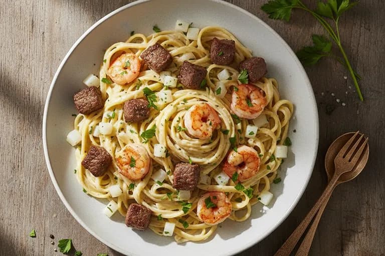 Surf & Turf Pasta mit Kohlrabi-Sahne-Sauce